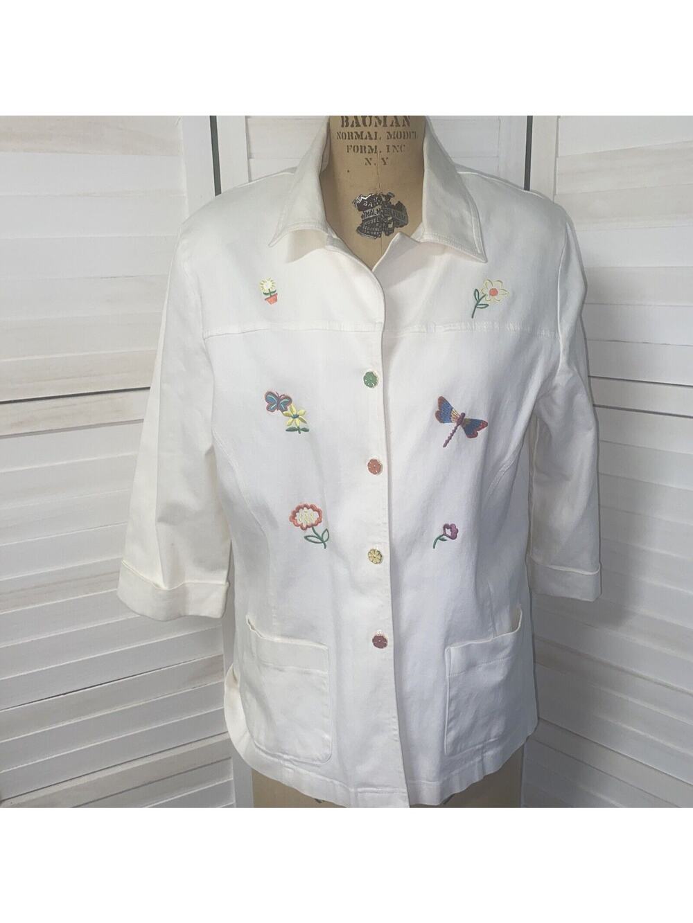 80s 90s AMY JESS White W/ Floral Embroidery Theme JACKET Button Front Medium